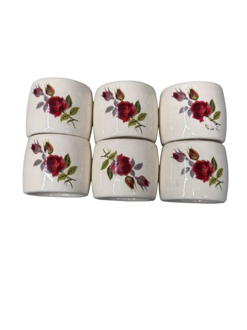 Set Of 6 Ceramic Red Rose Napkin Rings Handcrafted Signed 1974 Floral Vintage - Picture 8 of 8